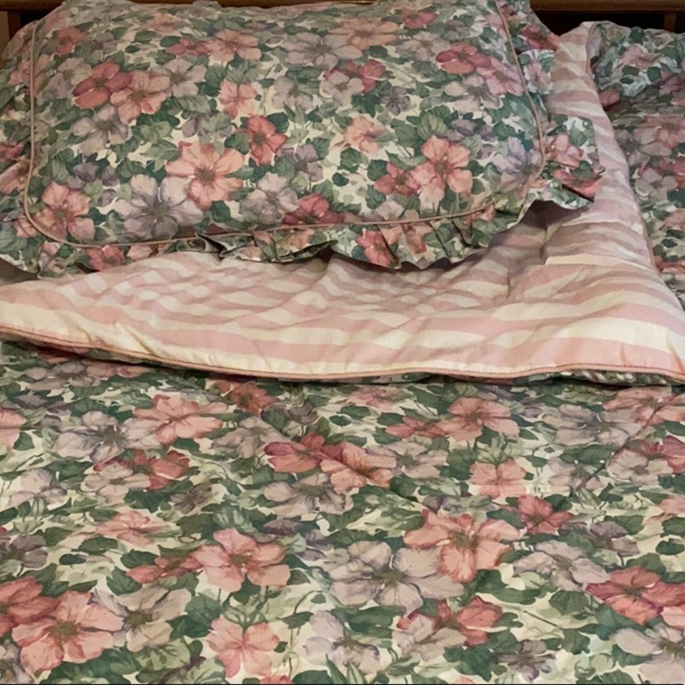 Vintage Floral/ Stripe Reversible Comforter Set Tw